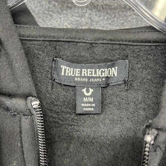 True Religion Full Zip Hoodie Mens Medium Black Gold Big logo Sweatshirt - Picture 10 of 16